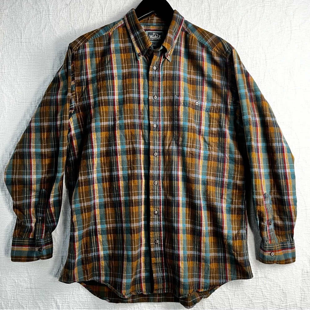Woolrich Vintage Men’s L Cotton Flannel Shirt Sandstone Plaid Blue Brown 2702